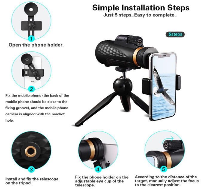 Monocular Telescope 12X50 Waterproof Telescope, High Definition Prism, Adults Compact Monocular with Phone Holder a