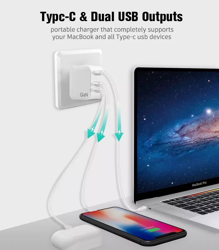 65W 3.0 GaN USB C Charger Type C Foldable Adapter With 3 Port