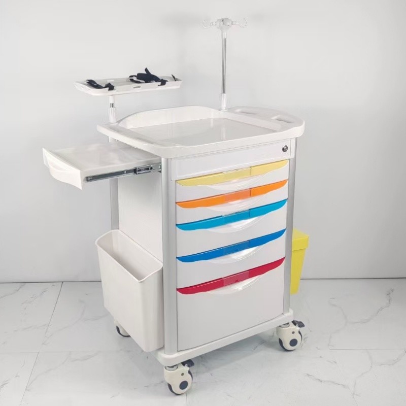 Centralized Locked Hospital Emergency Cart With Sliding Side Shelf Needle Disposal Holder