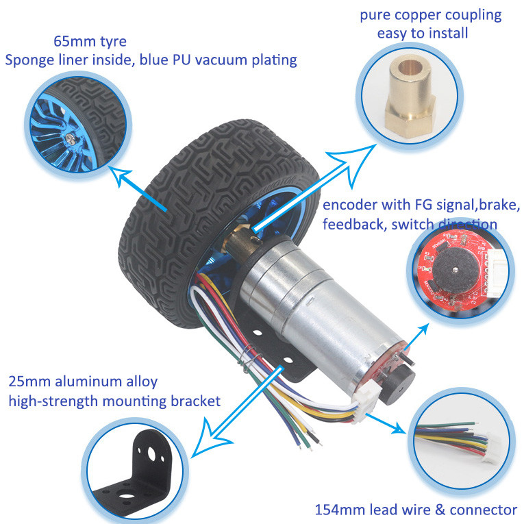 Robot Toy Planetary Gear Reduction Motor 24VDc 65mm Wheel With Encoder