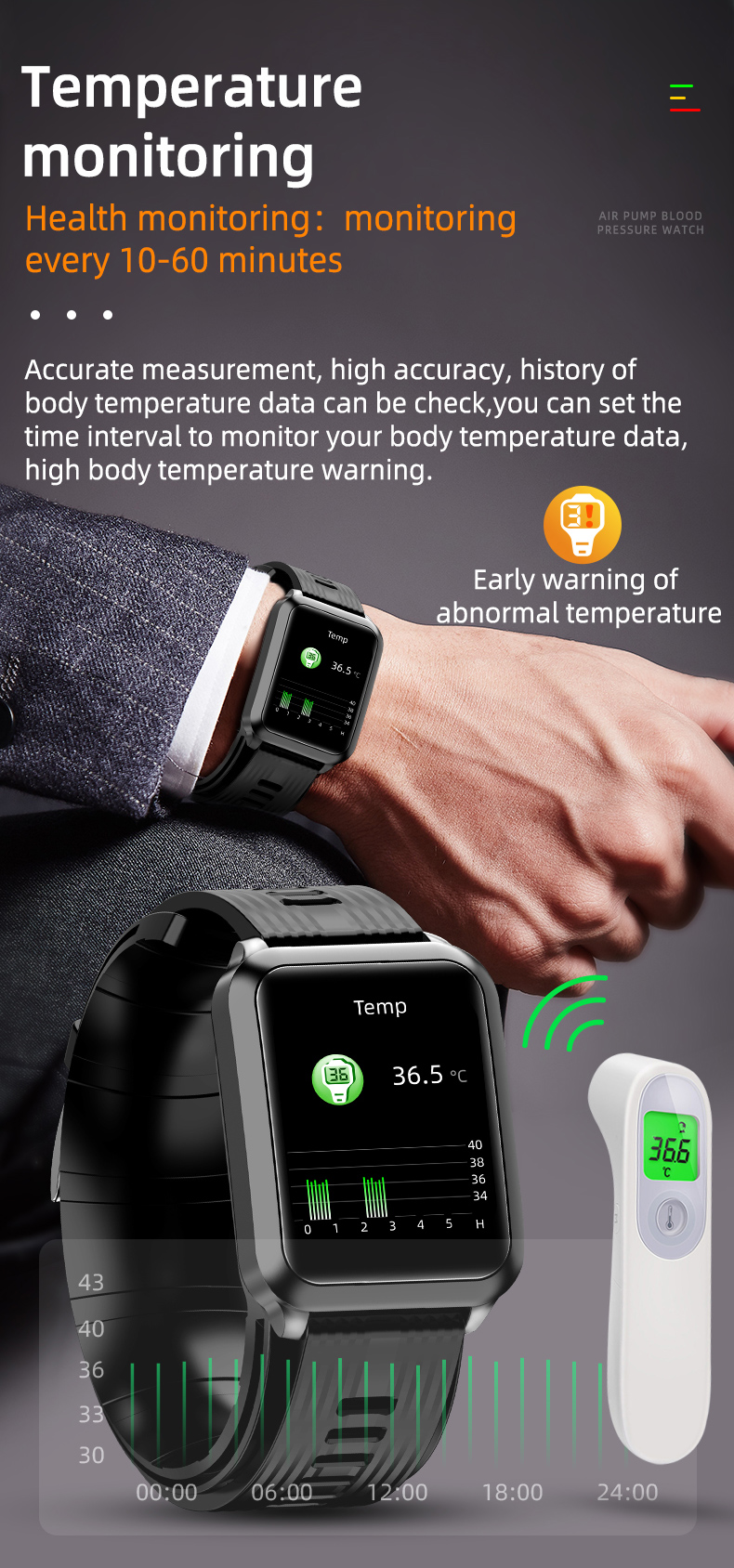 Body Temperature Blood Oxygen Smartwatch Medical Device IP67 with big screen