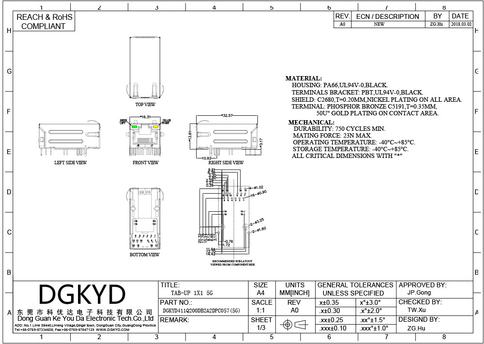 DGKYD411Q200DB2A2DPC057(5G) TAB UP 33mm 5G RJ45 Ethernet Connector With Metal Shield