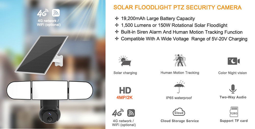 2K Black Solar Security Camera with PIR Distance 1500 Lumens LED Street Light Solar Camera