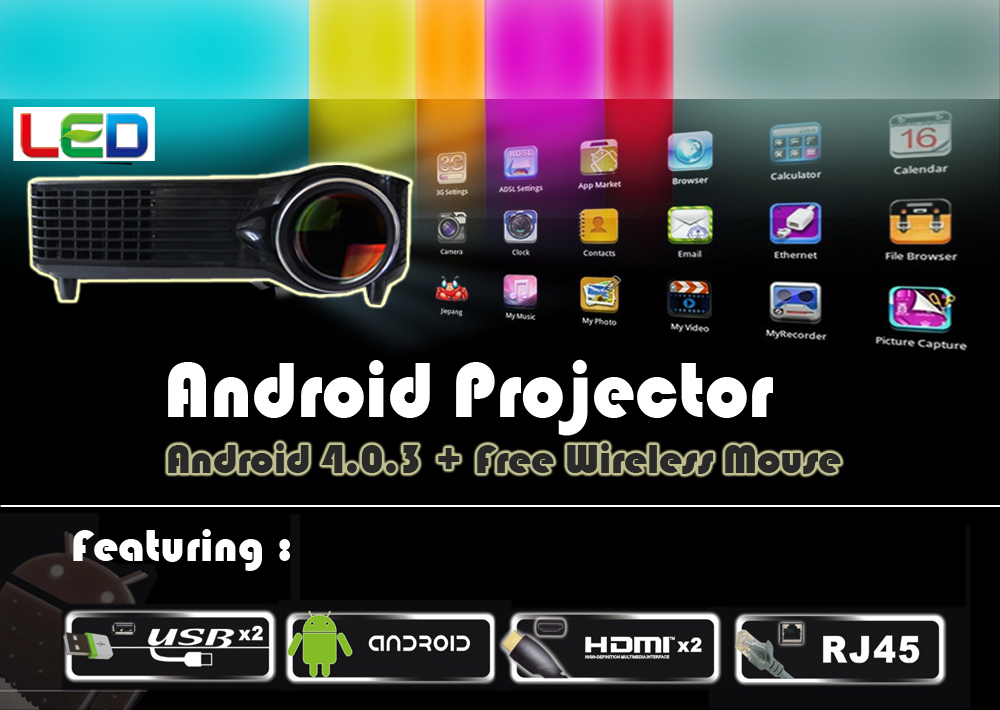 Multimedia Projector Full HD LED Android 4.0 HDMI USB SD for home theater system