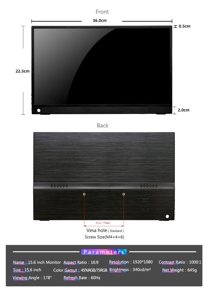 FHD 1920*1080 Portable Touch Monitor 15.6-Inch IPS Display for Flexible Display Modes and Wide Viewing Angle