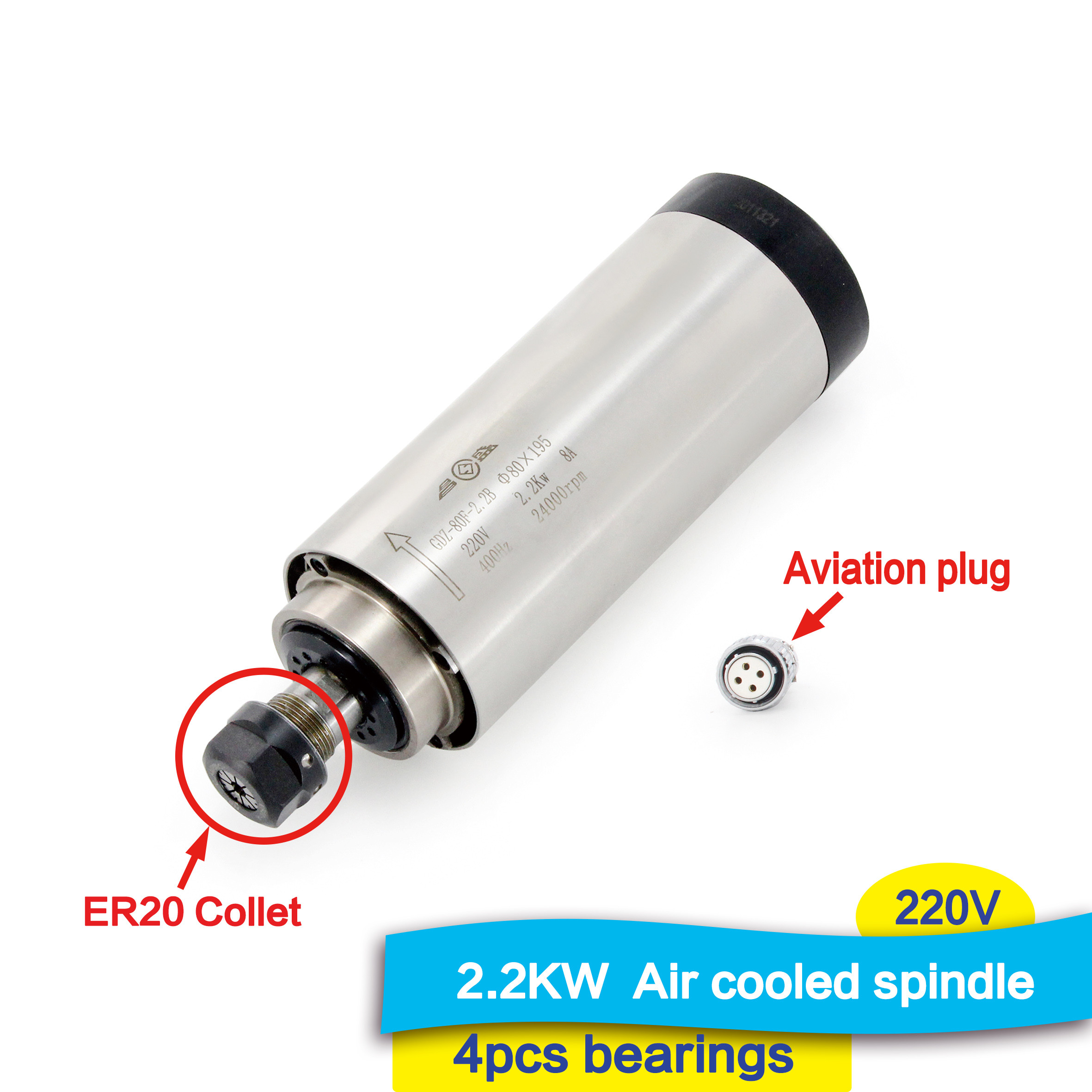 Stainless Steel CNC Spindle Motor ER20 24000RPM For Wood Engraving Milling
