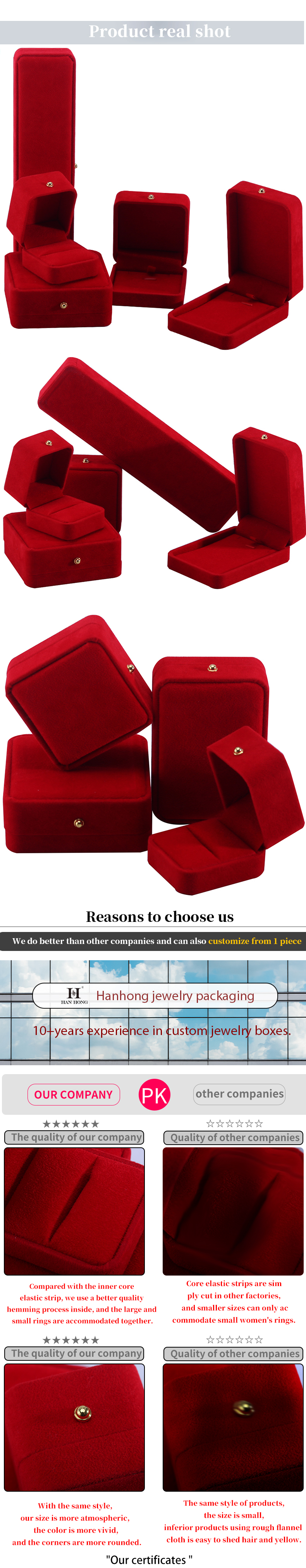 Red Velvet Jewelry Packaging Box for Necklace Bracelet Stud Earrings Ring Custom Logo