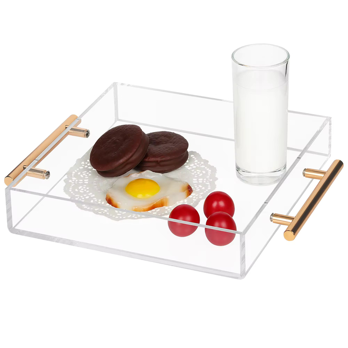 10X10 Inches Square Acrylic Tray With Metal Handles Organizer For Tea Or Coffee