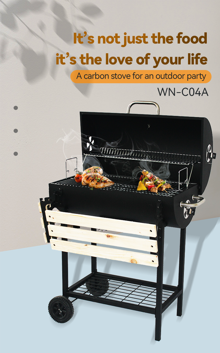 Smokeless Charcoal Grill with Flip Rotisserie and Table Commercial Outdoor Barrel BBQ