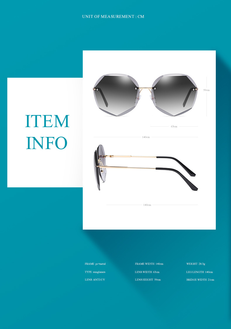 BSCI Oversized Shades Female Trendy UV400 Rimless Designer Sunglasses