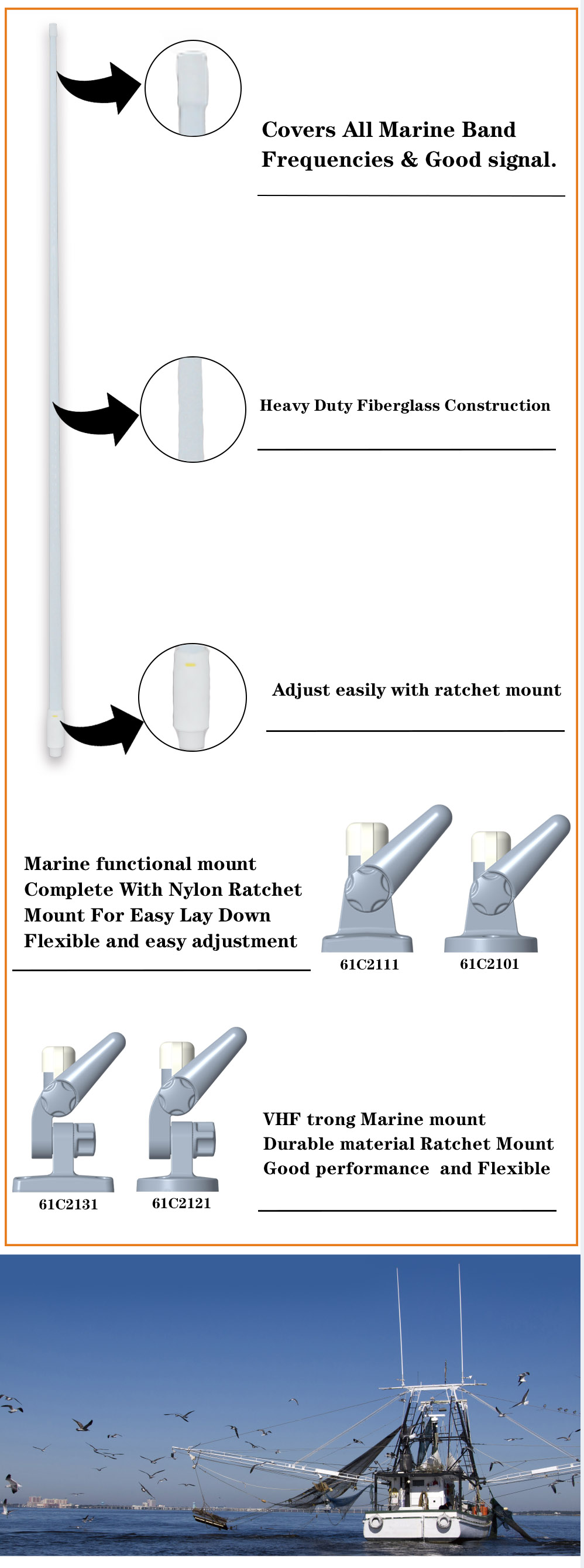 Mobile Fiberglass 26-28MHz 6.5dBi VHF Marine Antenna Full Day Working