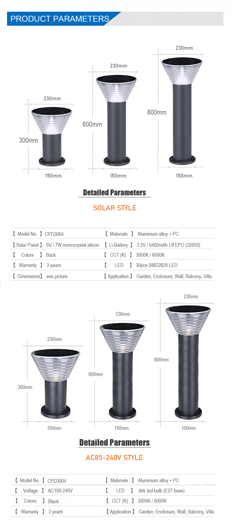 Factory Wholesale Led Solar Lawn Lamps IP 65 Waterproof Outdoor Solar Garden Lights
