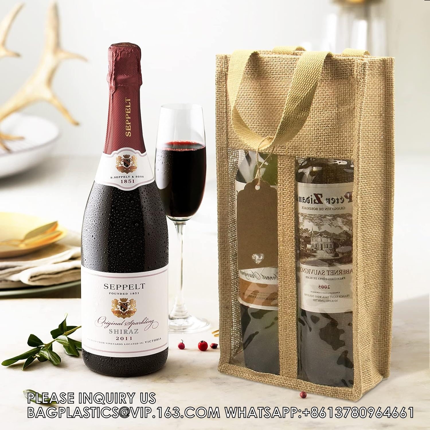 Double Window Two Bottles Burlap Jute Wine Bottle Bag Wedding, Party Favors, Christmas, Holiday And Wine Tasting
