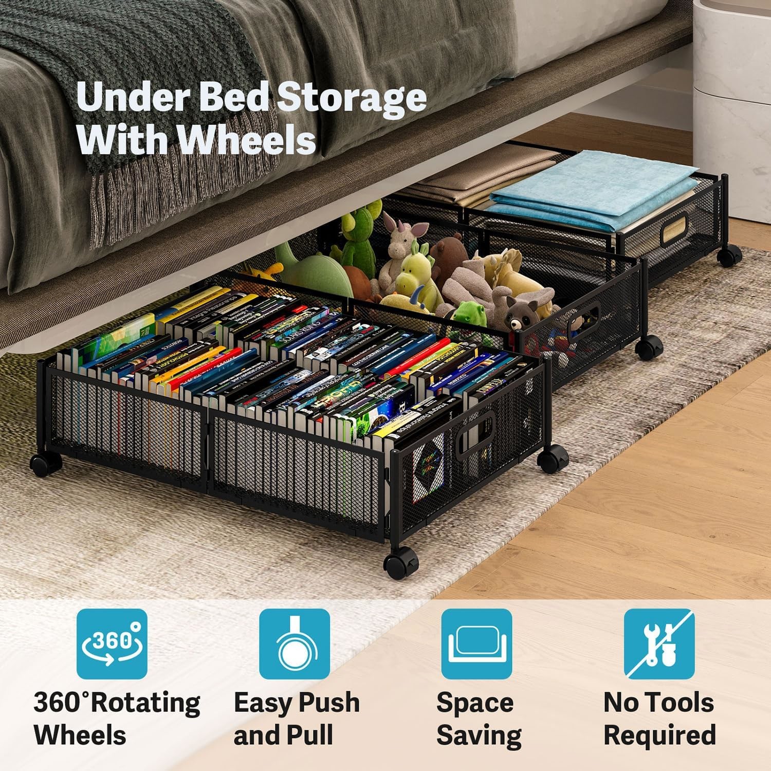 Under Bed Storage With Wheels Under Bed Storage Containers Large Metal Foldable Space-Saving Under Bed Drawer Shoe