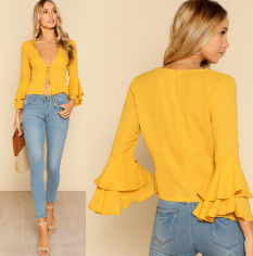 2019 Fashion women stripe design blouse with shirt collar