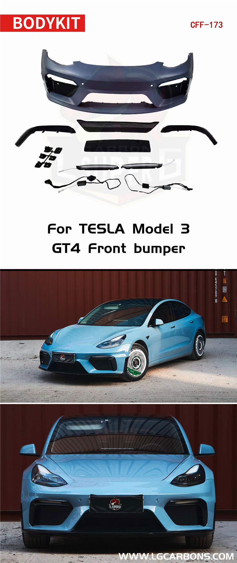 Auto Parts for Tesla Model 3 Body Kit PP Plastic Material MODEL 3 Upgraded GT4-style Front Bumper Body Kit