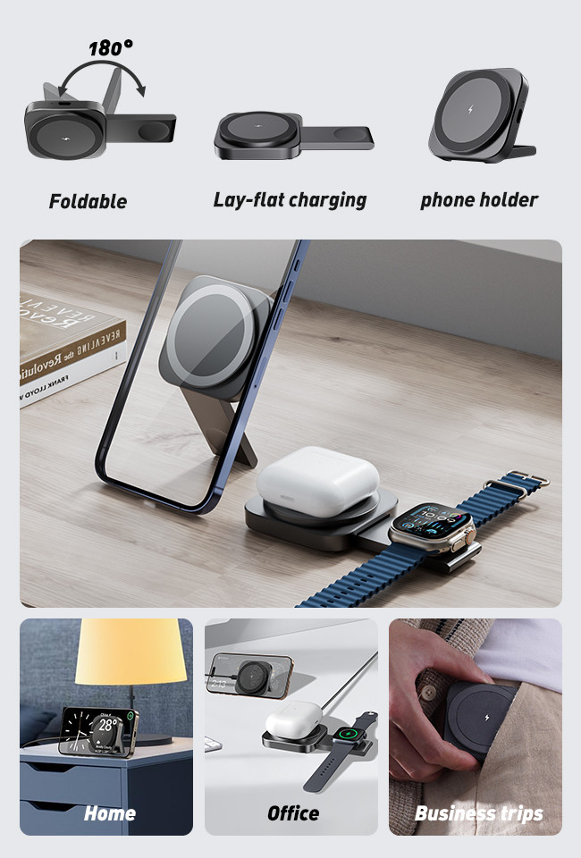 2-In-1 Travel Portable Magnetic Wireless Charger Desktop Office Compact Folding Phone Holder For Mobile Phone For Watch For Headphone Fast Charging