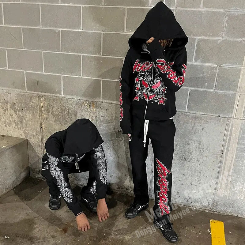 Custom Print Vintage Zipper Rhinestone Hoodies Sweatsuits Unisex Sets Flared Sweat Pants Zip up Hoodie Set Tracksuits for Men