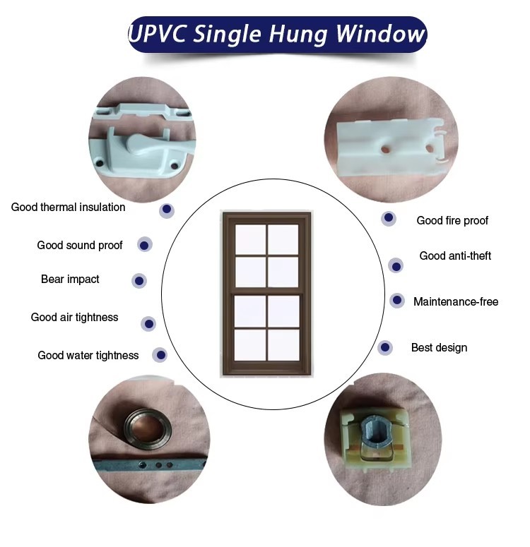 UPVC Single Hung Vinyl Windows Soundproof Double Vertical Sliding Windows