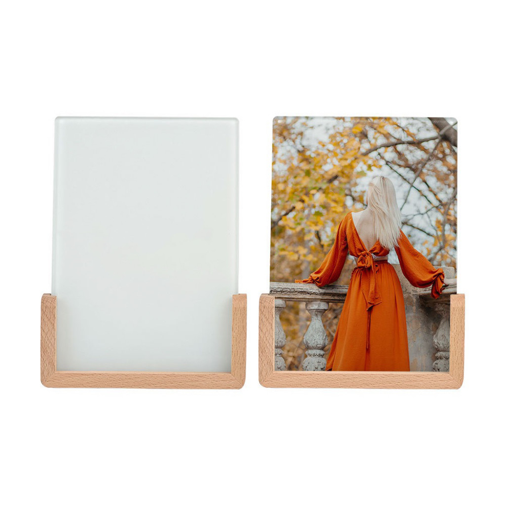 Durable Tabletop Sublimation Glass Photo Frame With Wooden U Shaped Base