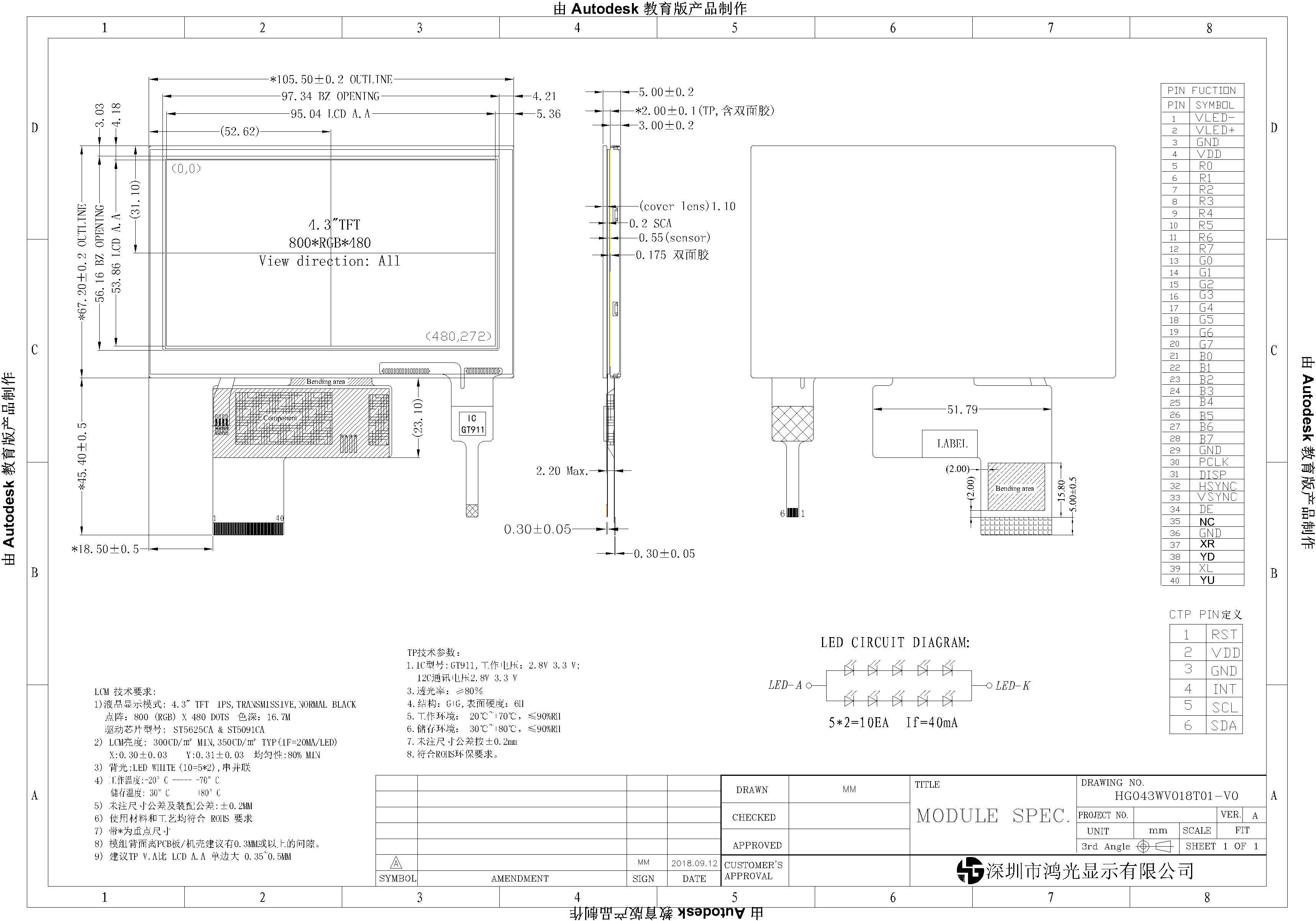 800x480 Resolution 4.3 Inch LCD Screen RGB Interface Industrial Display Screens