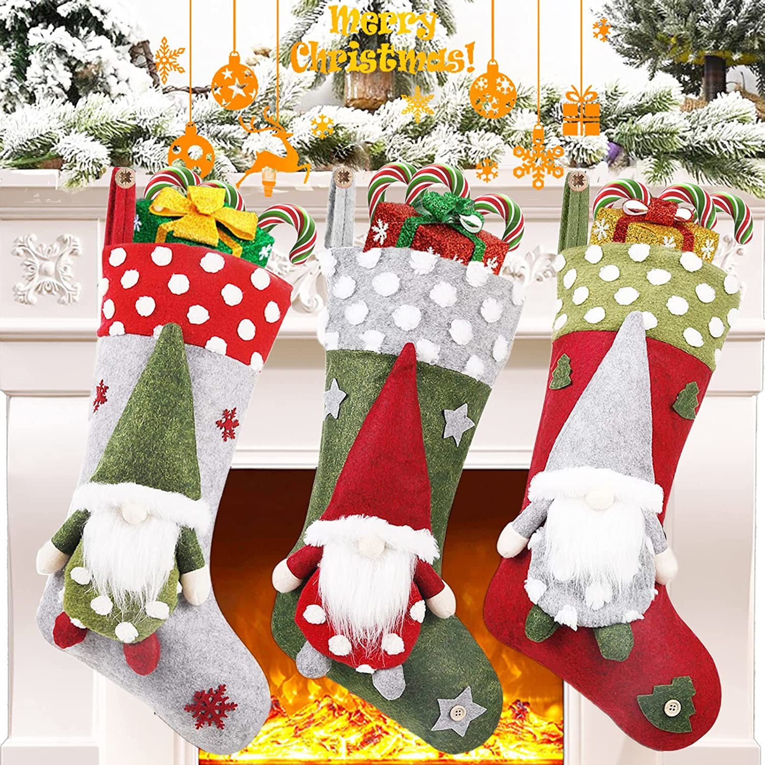 Christmas Stocking 3 Pack, 19 Inch 3D Gnomes Santa Christmas Stockings Fireplace Hanging Stockings for Family Christmas