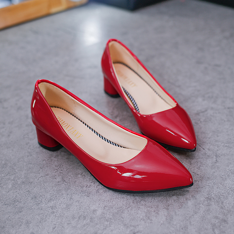 Spring Single Shoe Pointy Ladies High Heels 4cm Leather Upper Pumps Business Office