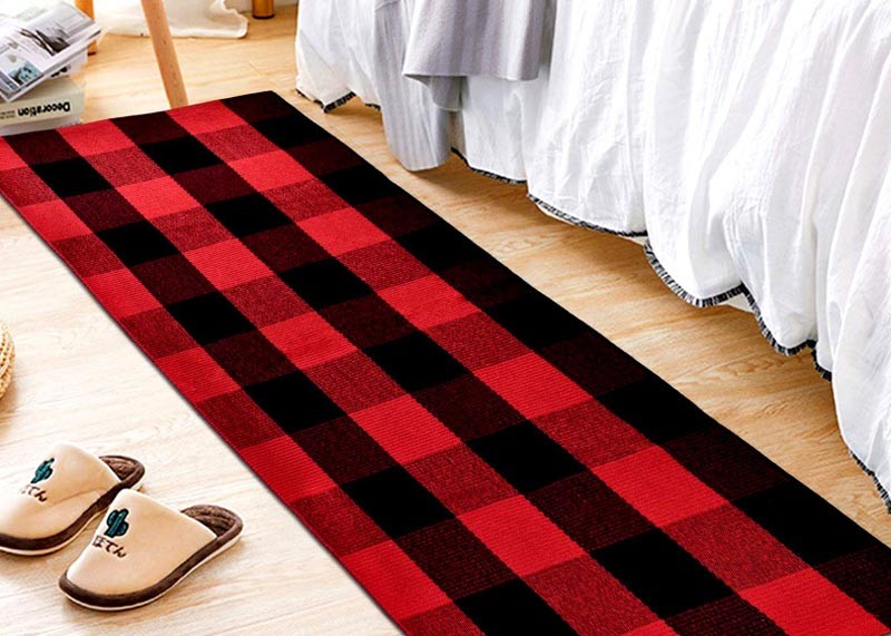 Customized Cotton Thread Red And Black Viscose Fiber Lattice Doormat
