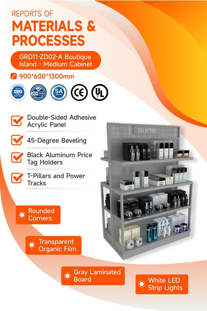 GDR11-ZD02-A Cosmetics Retail Display with LED Light Strips and T-Pillars and Power Tracks for Retail Stores