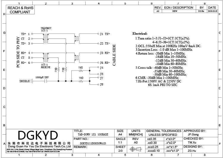 DGKYD111B085GWA1D Fast Ethernet Filter 8P8C Modular Network Interface RJ45 Without LED Without Shield DGKYD
