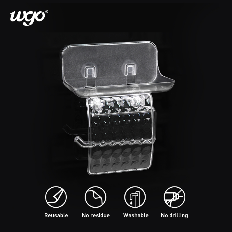 WGO Transparent Bathroom Wall Mounted Toilet Paper Holder Tissue Roll Dispenser with Phone Storage Shelf