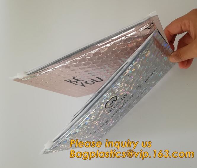 Holographic Factory Shiny gold Cosmetic bag Zipper Bubble Bag zip-lock Slider Padded Mailer metallic bubble zipper bagea