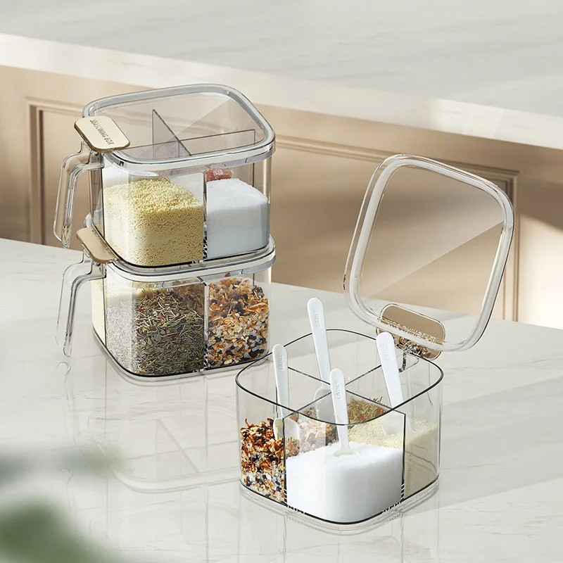 1 Set Seasoning Box 4 Compartment Spice Condiments Container With Spoon Multifunctional Storage Box