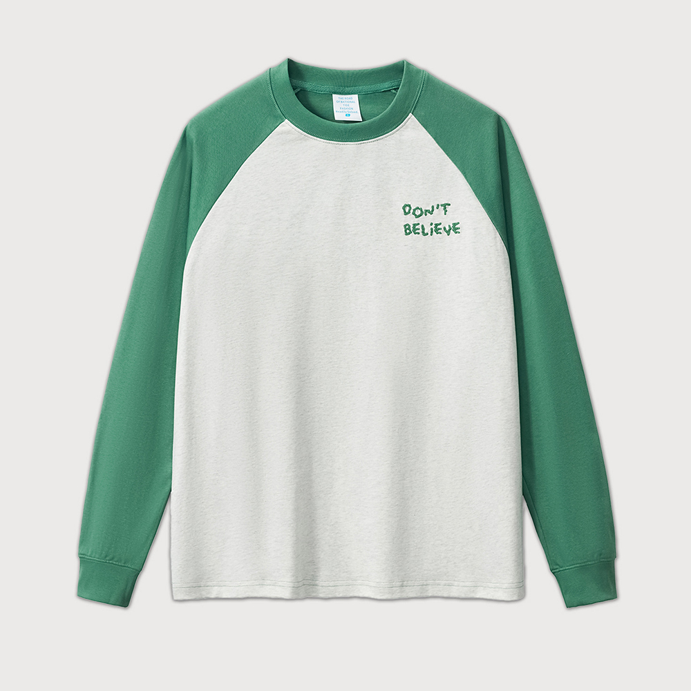 100% Cotton Oversized Loose Long Sleeve Embroidery Letter Contrast Trim Raglan Sleeve Tshirt for Men