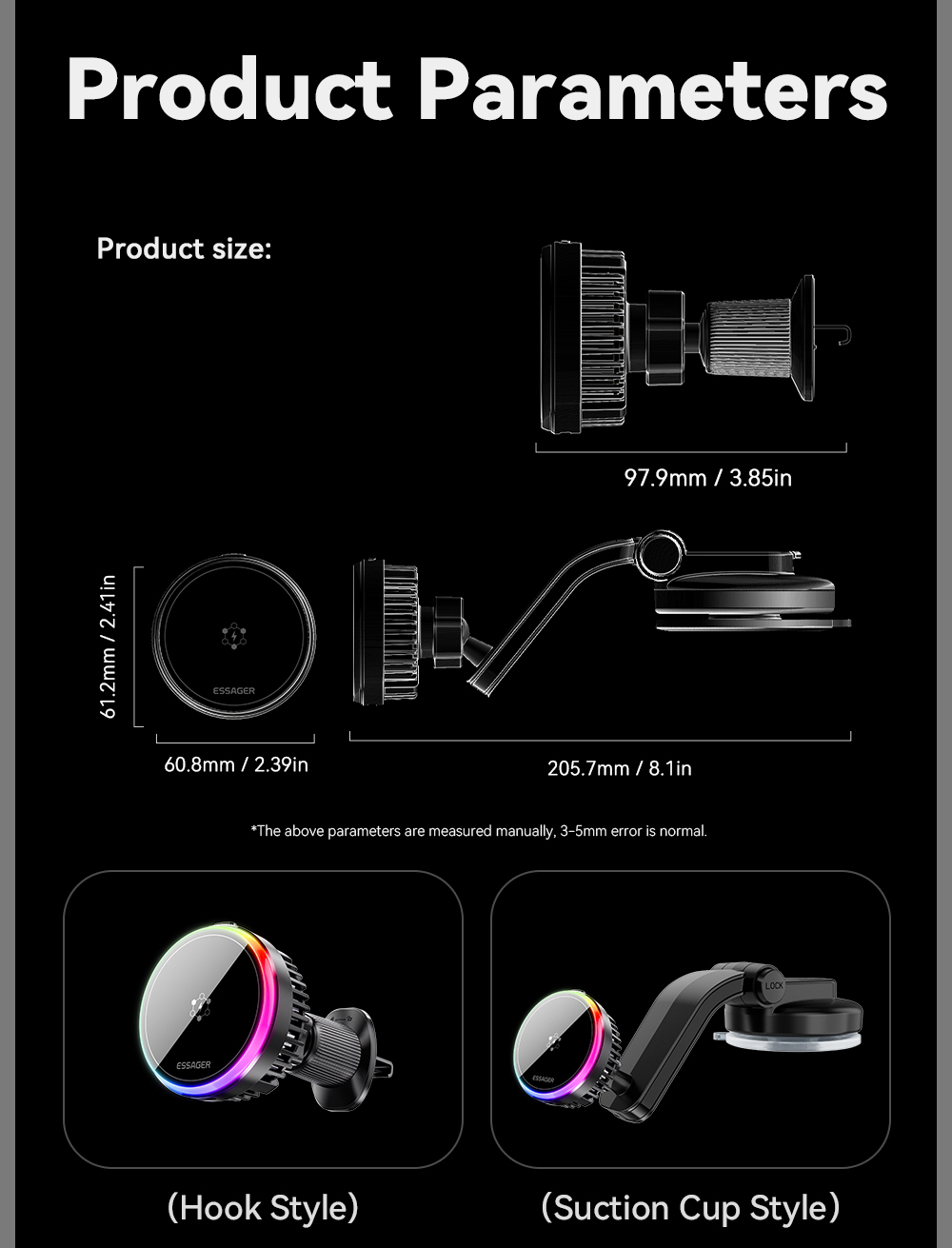 ESSAGER T2 15W Wireless Fast Charging Vacuum Suction Magnetic Car Phone Holder 360 Rotation