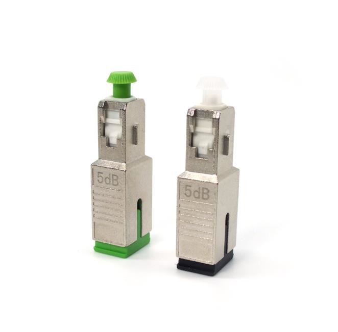 SC/APC Singlemode Fixed Fiber Optic Attenuator, Male-Female, with precise attenuation values of 5dB/10dB/15dB