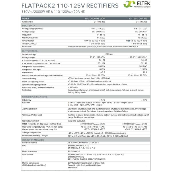 High Efficiency Rectifier Module Eltek Flatpack2 110-120V/20A HE FP2 Rectifiers Part No. 241119.805 for Industrial Appli