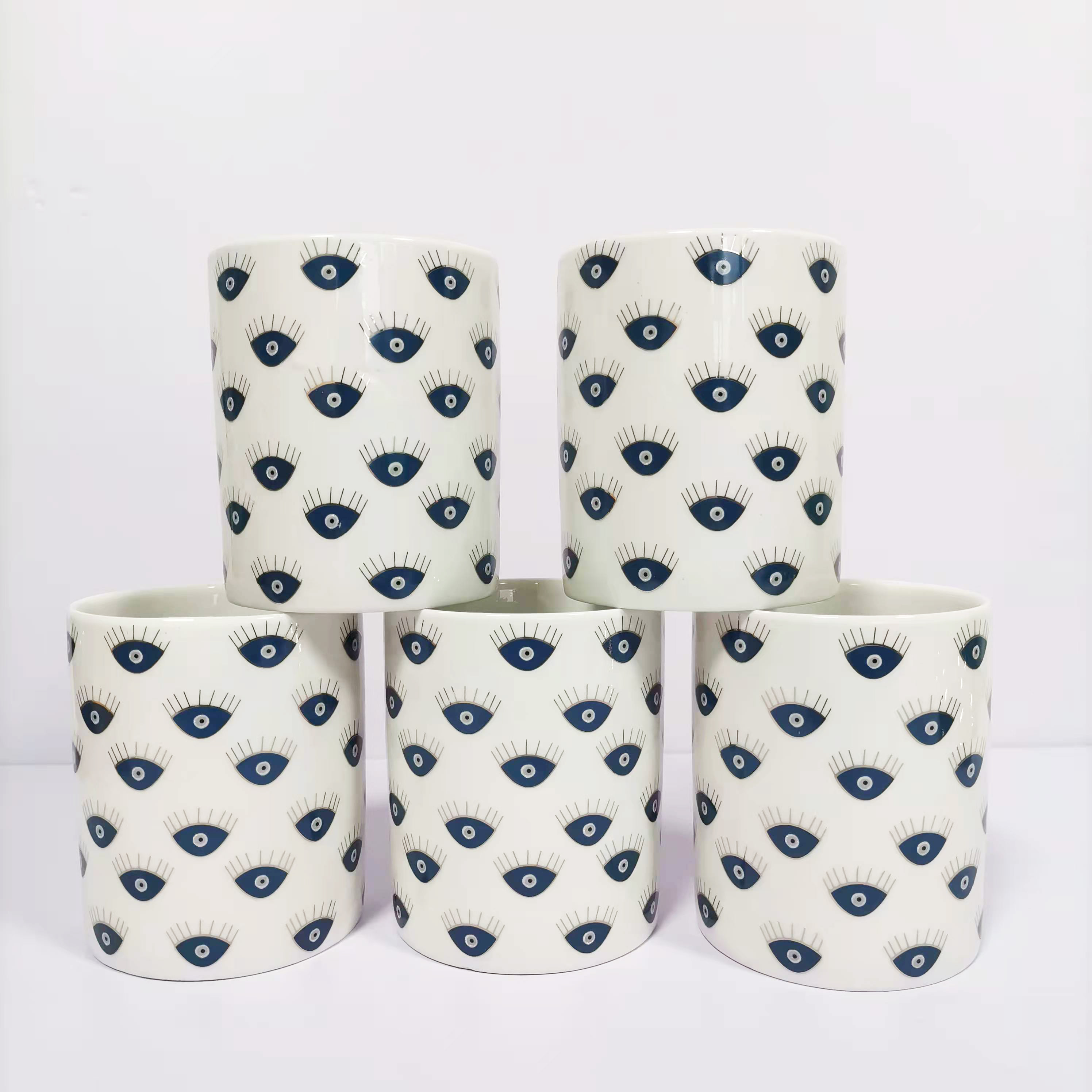 Eye Pattern Candle Ceramic Containers With Letterpress Printing Gravure Printing