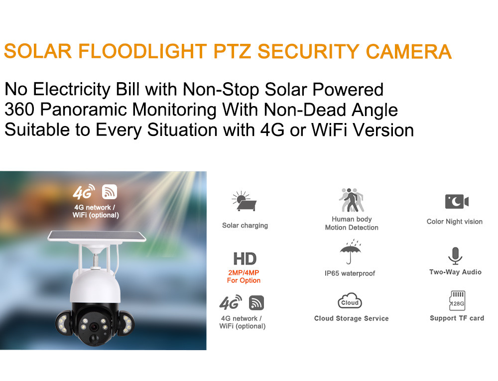 WiFi 2K Solar Floodlight Camera Built In Siren Cloud Storage Solar Powered PTZ Camera