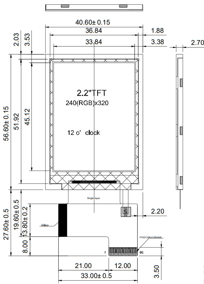 QVGA 240x320 2.2 Inch TFT Display , 39 Pin LCD Display ST7789V 18 Bits Interface