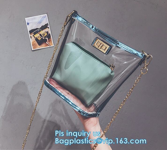 Transparent conference eco shopping bag, shopping pvc bag with custom print, shopping square bottom portable clear PVC p