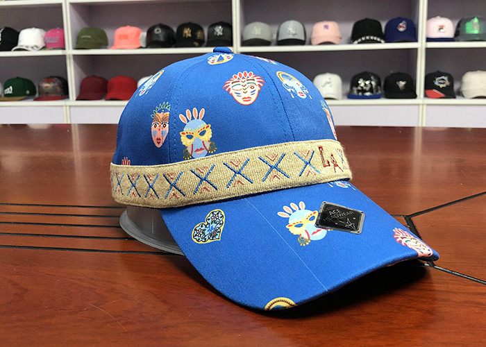 Durable 100% Polyester Printed Baseball Caps 6 panel With Woven Band