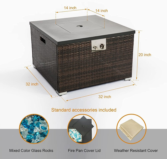 Outdoor 40,000 BTU Stainless Steel Burner Square Gas Fire Pit Metal Lid Cover