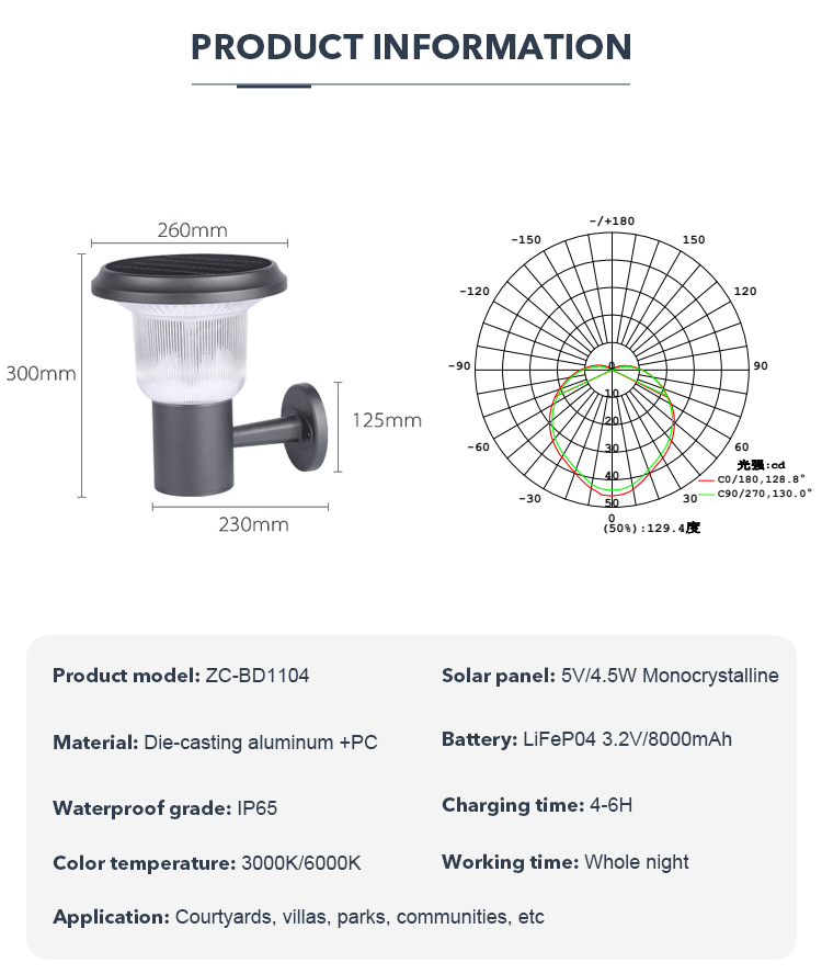 3000K 6000K LED Garden Solar Wall Light For Outdoor Step Fence