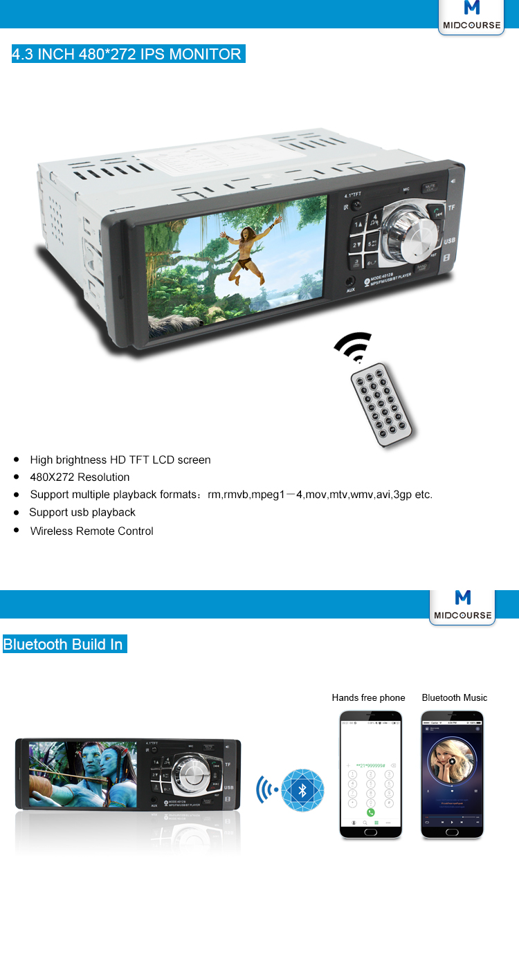 4.3 Inch Screen1 Din Car Stereo With SD USB MP3 MP5 FM Reversing Camera