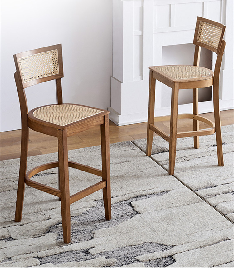 Solid Wooden Cafe Bar Stools Rattan Backrest Minimalist Counter Stools Art Style