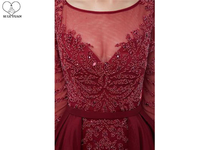 Wine Navy Blue Long Tail Gown , Heavy Beaded 2 In 1 Formal Ball Gowns Long Sleeve