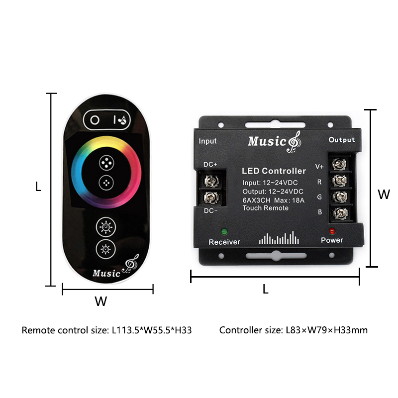Wireless RF Remote LED Controller , RGB LED Music Controller 18A For 5050 Light Strip
