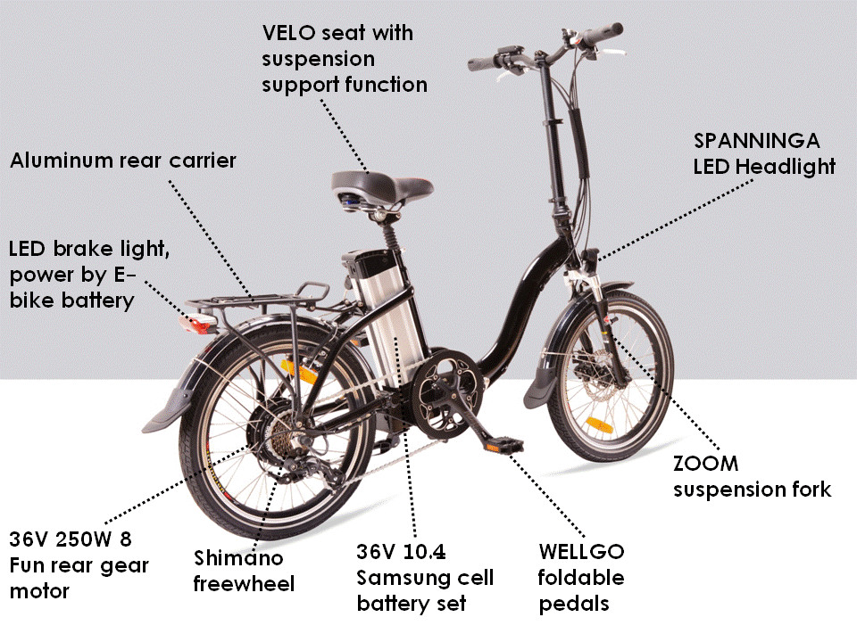 Black 10.4Ah 36V Electric Folding Bike , 20" Cruiser Folding Electric Bike With Disc Brake