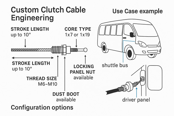 Customized pull-only clutch cable with detailed callouts for length, stroke, and fittings